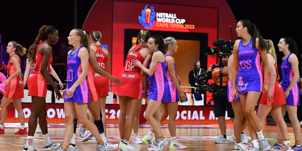England and Scotland shake hands after a match at the Netball World Cup 2023