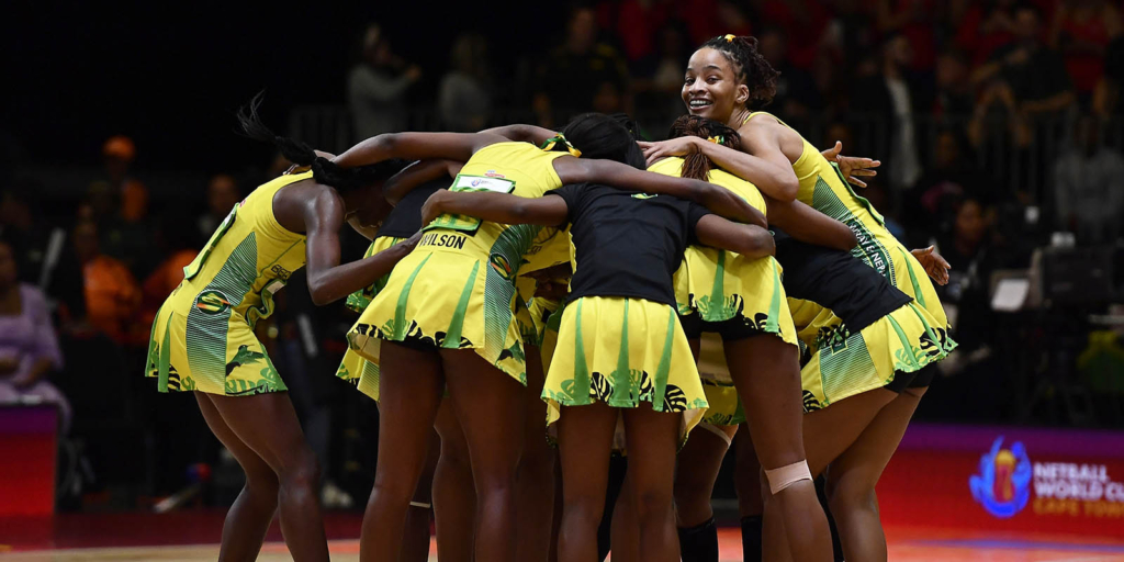 Jamaica celebrate after winning a Bronze Medal at the Netball World Cup 2023
